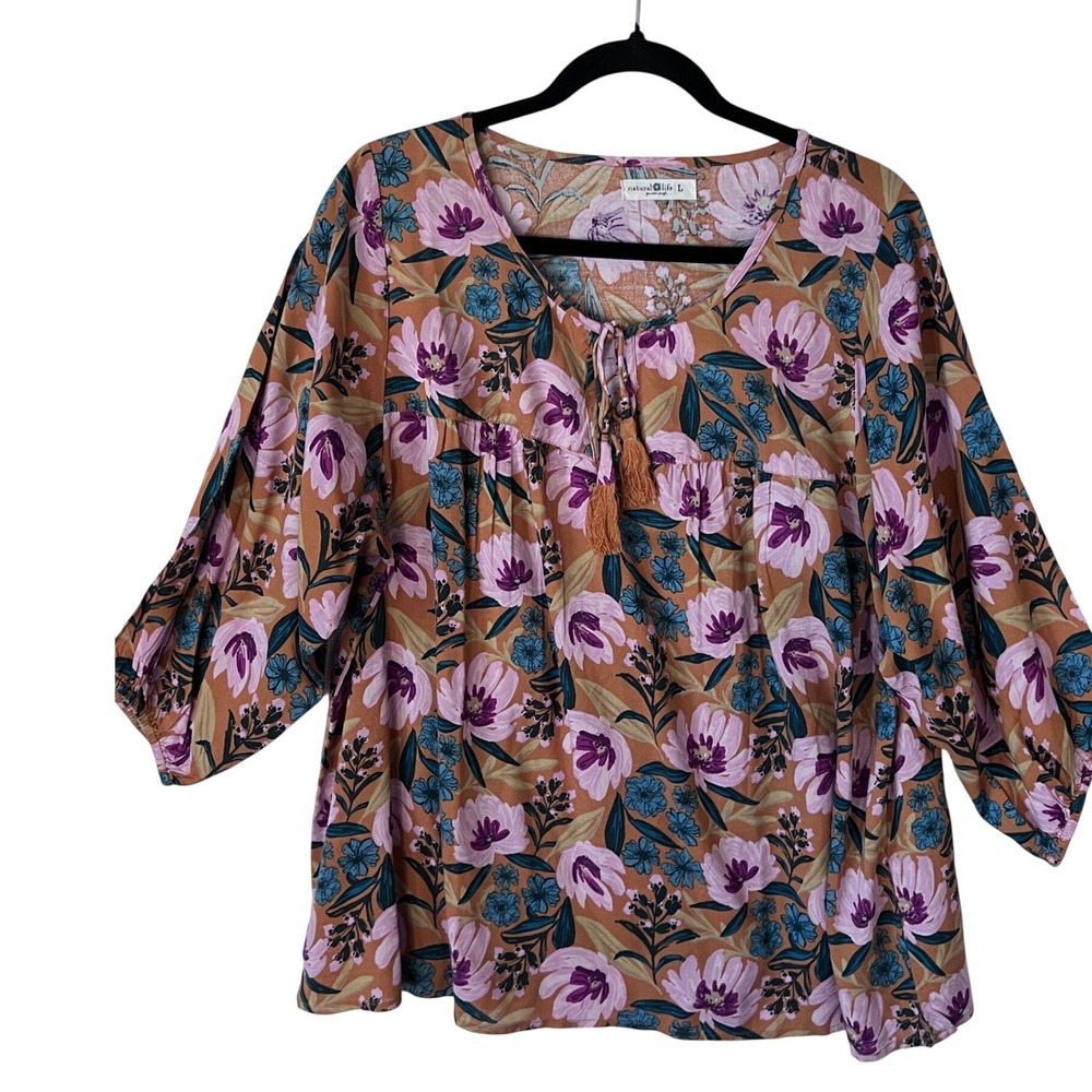 Natural Life Floral Peasant‎ Tunic Top Boho Tassel Accent Rayon Size Large - Picture 8 of 9